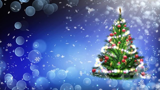 3d illustration of green Christmas tree over blue background with snowflakes and red balls