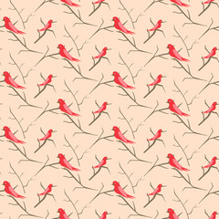 Birds on branches pink cute pattern seamless vector. Simple pastel red colored nestlings on trees for print on fabric.