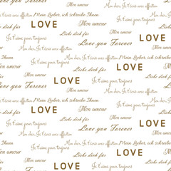 Love letters seamless vector pattern on white. Romantic valentine wrap paper gold and white text design.