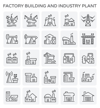 Factory building vector icon consist of oil rig, power plant, oil refinery plant, transmission tower, warehouse for industrial processing, storage, manufacturing and production of power energy, food.