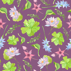 Fototapeta premium Watercolor wetland floral pattern with purple lotus red marshlocks blue water hyacinth green pistia and duckweed on deep purple background