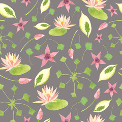 Fototapeta premium Watercolor wetland floral pattern with pink lily lotus white calla swamp red marshlocks and green water chestnut on dark grey background