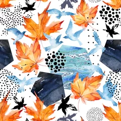 Papier peint Hexagone Fond d& 39 aquarelle d& 39 automne : feuilles, silhouettes d& 39 oiseaux, hexagones.