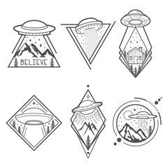 Set of six UFO emblems, labels, badges or logos. Mystical symbol paranormal phenomena, first contact, invasion of aliens