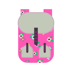 Pink backpack vector illustration. Girly rucksack with flowers.