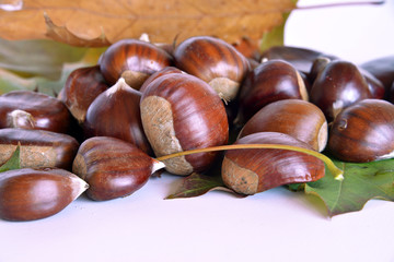 frutta autunnale, castagne e uva  composizione con castagne ed uva, foglie appassite, sfondo bianco