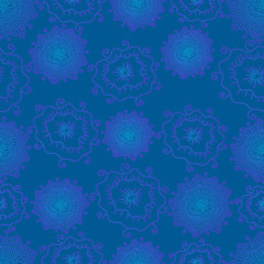 Hand drawing bright, psychedelic floral seamless background, neon color outline, blue color background, vector fantastic flowers pattern.