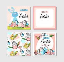 Hand drawn vector abstract creative Happy Easter greeting card design collection set template with flowers,Easter eggs and bunny in pastel colors isolated on white background.Spring Easter background
