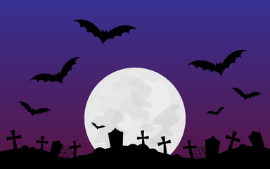 Obraz premium Halloween scary vector illustration background. Halloween themed graphic print with full moon, bats, graveyard, dark purple and violet colored background.