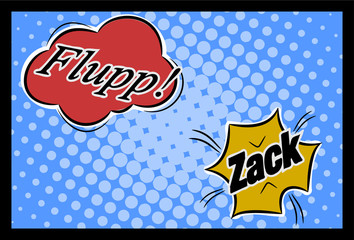 Comic speech bubbles with the words Flupp and Zack