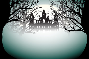 Tree and castle in darkness Halloween background