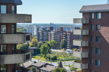 Modern condo buildings with huge windows in Montreal, Canada.