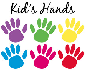 Fototapeta na wymiar Kids handprints in six colors