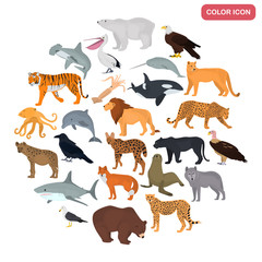 Set of land and water predators color flat icons