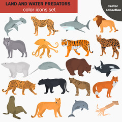 Set of land and water predators color flat icons