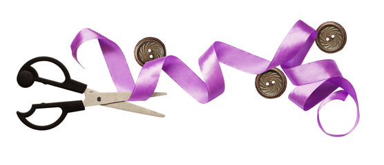 Curled purple silk ribbon, buttons and scissors