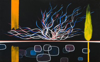 An abstract painting on a black background; Burning Bush