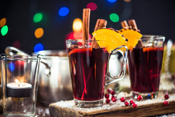 Glasses with hot warming winter mulled wine