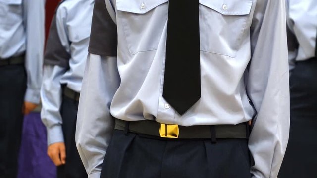 Background of young Air cadets with blue uniform shirts standing in line for a presentation.