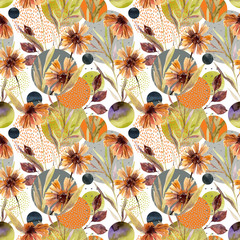 Abstract floral and geometric seamless pattern.