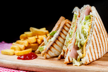 Sandwich with chicken, cheese and golden French fries potatoes
