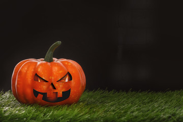 Halloween pumpkin on grass on dark wall background