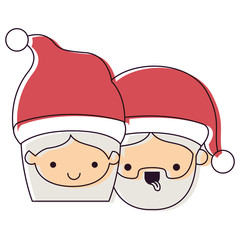 santa claus couple cartoon faces woman happiness and man with tongue out watercolor silhouette on white background
