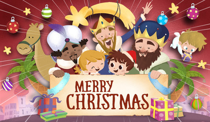 Obraz na płótnie Canvas Feliz navidad con reyes magos camellos y niños