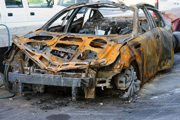 Burned car, burned-out car body