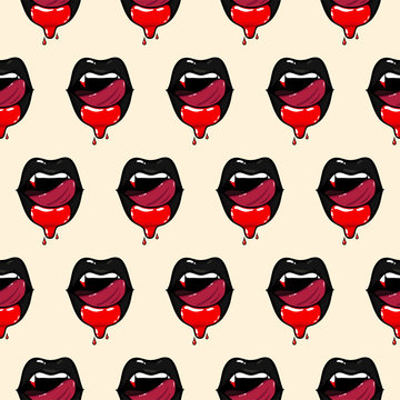 Seamless pattern of vampire woman open mouth with blood and licking tongue black lips. Halloween vector illustration