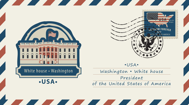 Vector envelope with a postage stamp with Washington White House, and the flag of United States of America