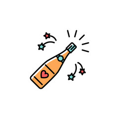 Champagne bottle colorful icon, Champagne bottle opening. Holiday symbol. Line thin icon, Vector flat illustration