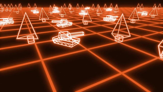 Retro 80s game tanks VHS tape video war battle vector arcade tron wireframe 4k