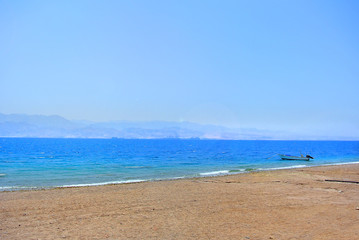 Red Sea. View of the Jordanian border. Eilat. Israel. The shore of the Gulf of Aqaba
