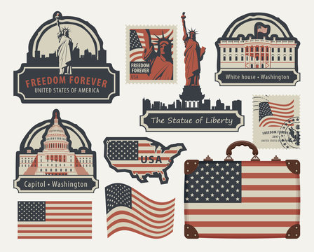 Vector set of american symbols and architectural landmarks of the United States of America