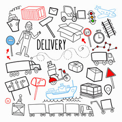 Freight Delivery Shipping Hand Drawn Doodle. Logistic Industry Elements. Transportation, Container, Delivering Service. Vector illustration
