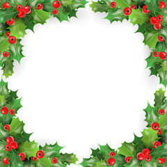 Merry Christmas Frame with Mistletoe, Holly Berries. Winter Holidays Greeting Card Template. Vector illustration