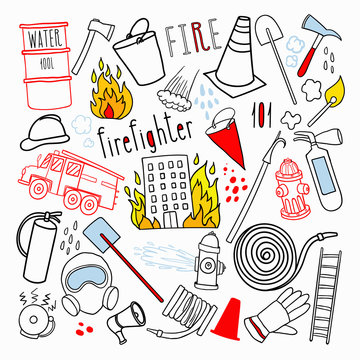 Firefighting Hand Drawn Doodle. Firefighter, Fireman, Emergency Elements Set. Vector illustration