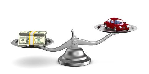 car and money on scale. Isolated 3D illustration