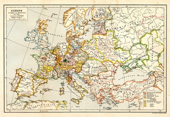Fototapeta na wymiar Map of Europe at the beginning of the Reformation around 1520 (from Spamers Illustrierte Weltgeschichte, 1894, 5[1], 128/129)