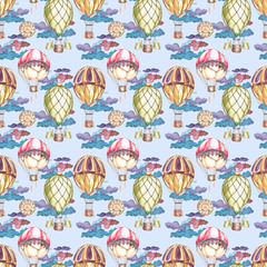 Seamless hand drawn pattern with aerostat elements. Ornamental colorful air balloon design. Bright colors.
