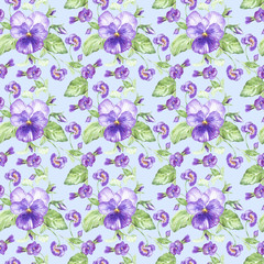 Illustration in watercolor of a pansy flower. Floral card with flowers. Botanical illustration seamless pattern.