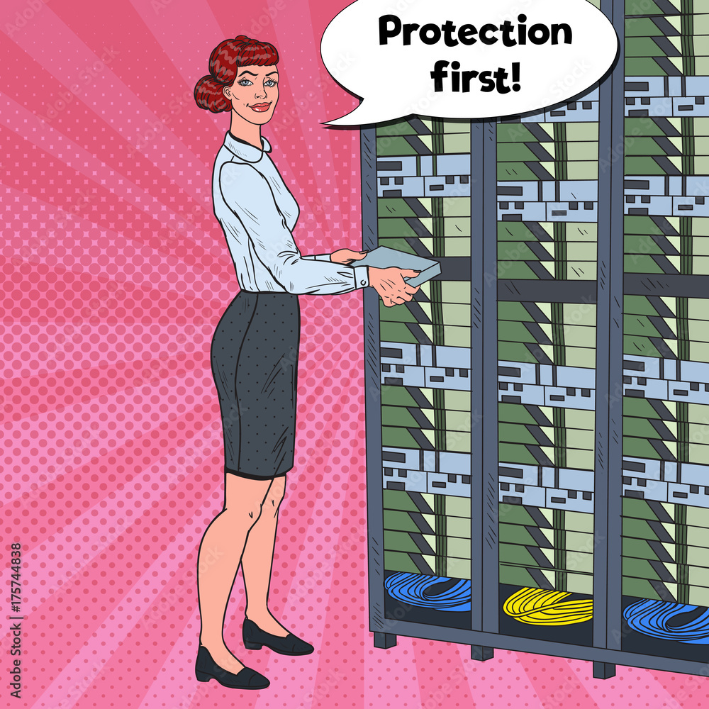 Poster pop art female network engineer working with hardware data center. build server database. technician
