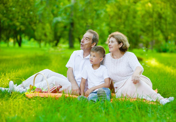 Portrait of an elderly couple with her grandson on a picnic outdoors. Looknig away