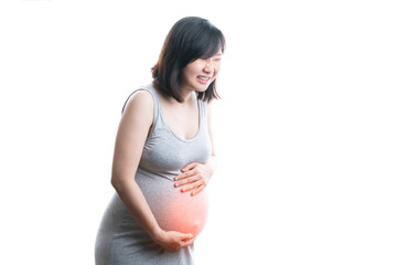 Asian pregnant women holding her baby bump with pain and suffering expression.