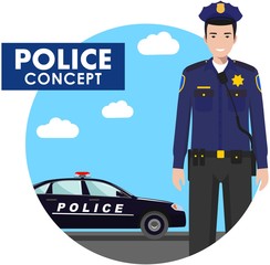 Policeman concept. Detailed illustration of police officer in uniform on background with car in flat style. Vector illustration.