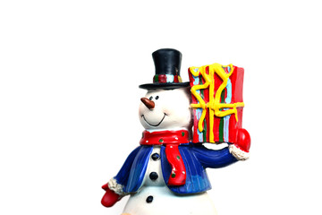 snowman with gift box on white background isolated