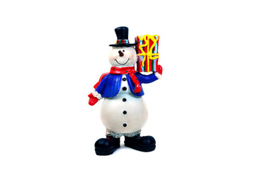 snowman with gift box on white background isolated