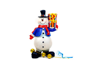 snowman with gift box on white background isolated