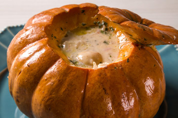 Prawns in Pumpkin (Camarao na Moranga) - Prawns with a creamy coconut milk sauce served inside a...
